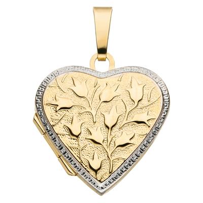 Medallionanhänger JOBO "Medaillon Herz Blumen", gelb (gelbgold 375), Schmuckanhänger, Damen, Gelbgold 375, 375 Gold bicolor für 2 Fotos