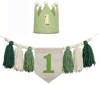 Uplifted Finds Boho 1st Birthday Botanical Banner Set   Linen Tassel Garland & Crown   Executive Nursery & Studio Decor green Set