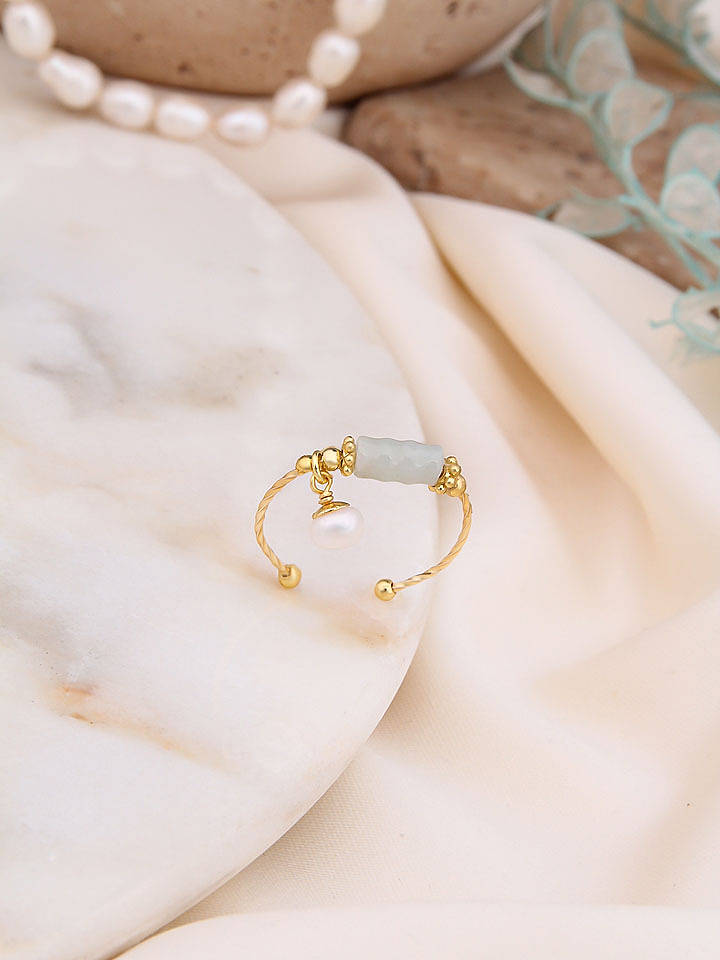 Pierres de Jade Vergold. Ring mit Perle und Edelstein - onesize