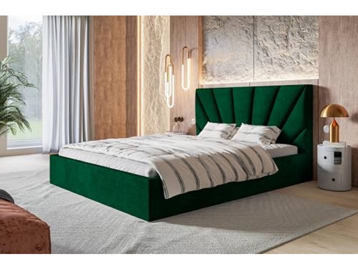 AlpiMeble Polsterbett 140x200, Kronos-Stoff, Holzrahmen, Grün Bett, Betten mit Bettkasten, Modern Betten, Weicher Stoff, Kollektion Slim Denver
