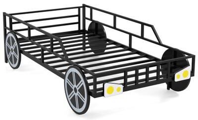 Costway Twin-Size Kids Metal Bed Frame Car-Shaped with Safety Guardrails-Twin Size