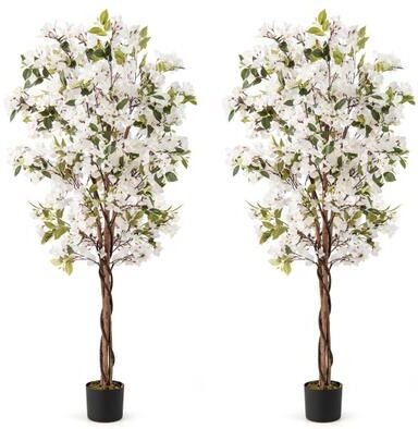 Costway 6 Feet Artificial Bougainvillea Tree with 910 White Flowers- Set of 2