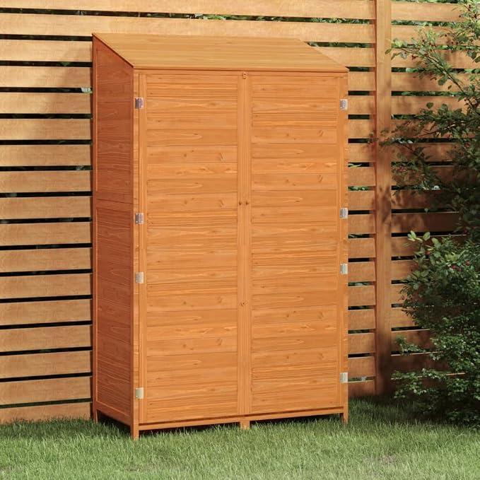Holz Gerätehaus aus massivem Tannenholz Braun 102 x 52 x 174,5 cm für Gartengeräte, mit Stauraum für Fahrradschuppen, wetterfest für Rasenmäher und Ordnung