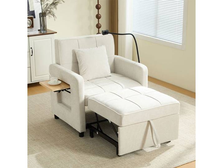 Fauteuil convertible canapé-lit 1 place fauteuil relax dossier réglable rangement latéral tissu chenille beige