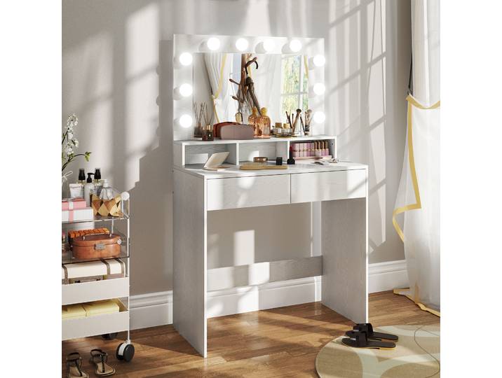 HOMCOM Coiffeuse Moderne Blanche avec Miroir Éclairé et Tiroirs