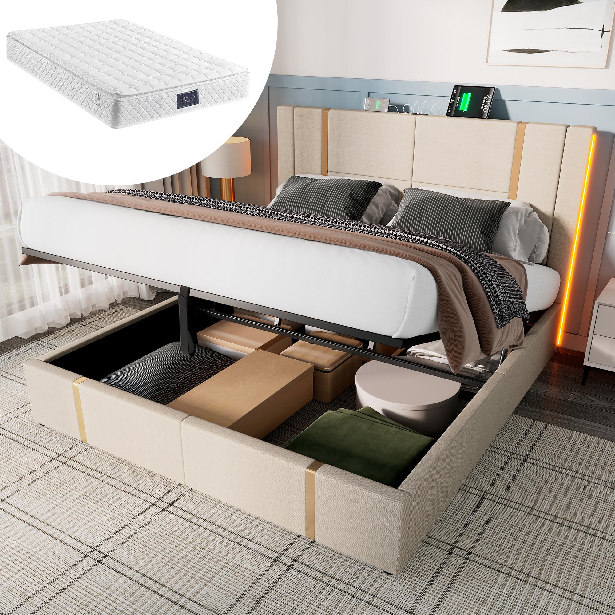 Polsterbett Doppelbett USB Type C Ladefunktion APP-Control LED 160×200 Stauraumbetten Bettgestell, Lattenrost aus Holz
