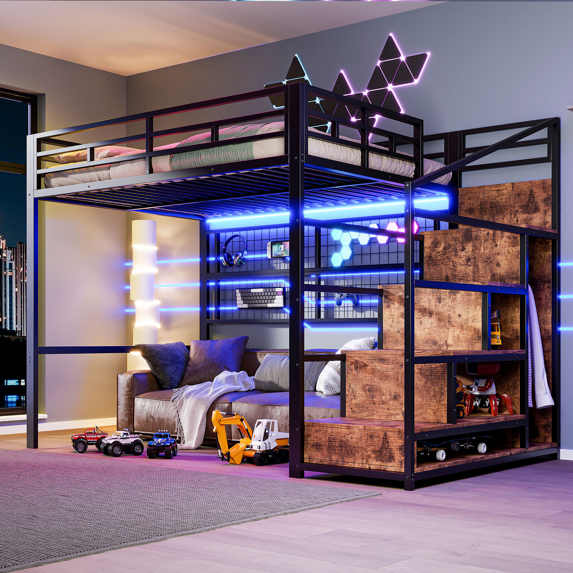 Merax Etagenbett Hochbett 140x200 cm, Kinderbett mit Kleiderschrank und LED-Beleuchtung, Jugendbett mit Lagertreppe, Doppelbett, Stockbett, Schwarz