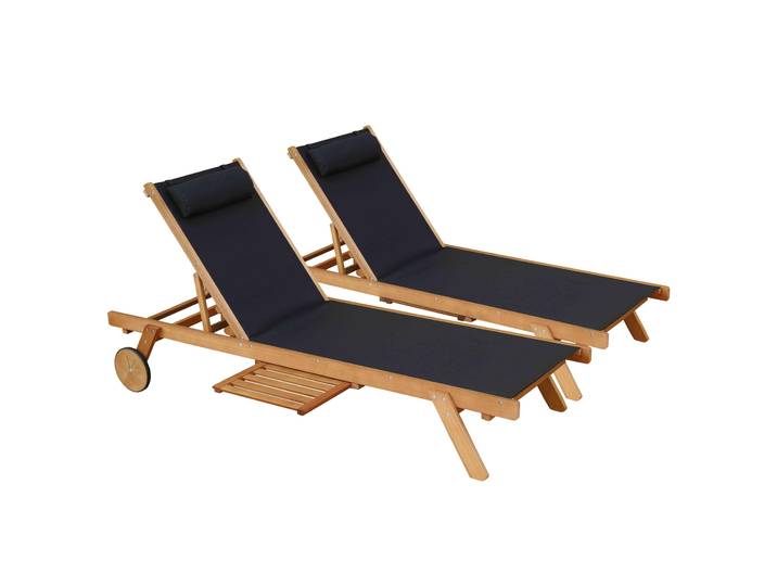 Oviala - Bains de soleil bois d'eucalyptus inclinables 5 positions avec coussin et tablette - Lot de 2