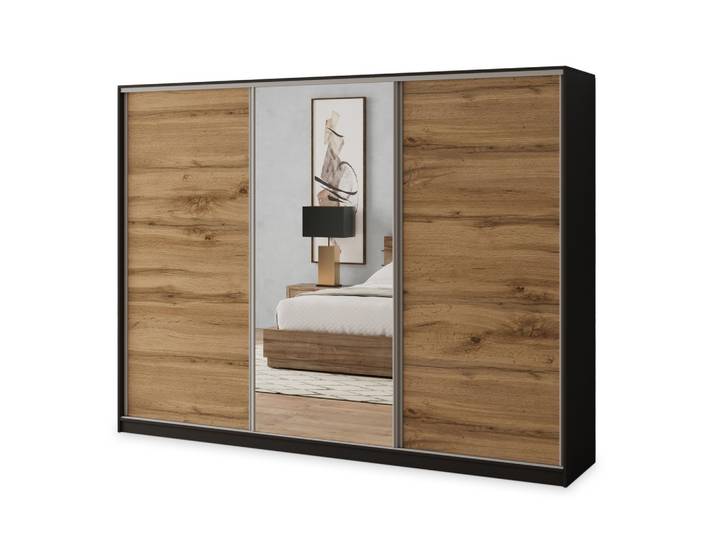 SCHWEBETÜRENSCHRANK SORE 270/205/58 cm 3-türig mit Spiegel und 4 Schubladen Schwarz