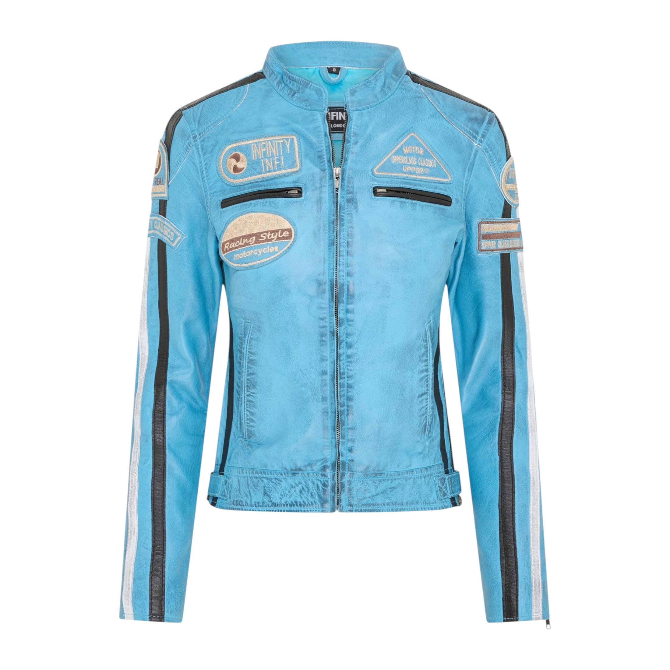 Damen-Biker-Rennabzeichen Blaue Lederjacke – Eastleigh