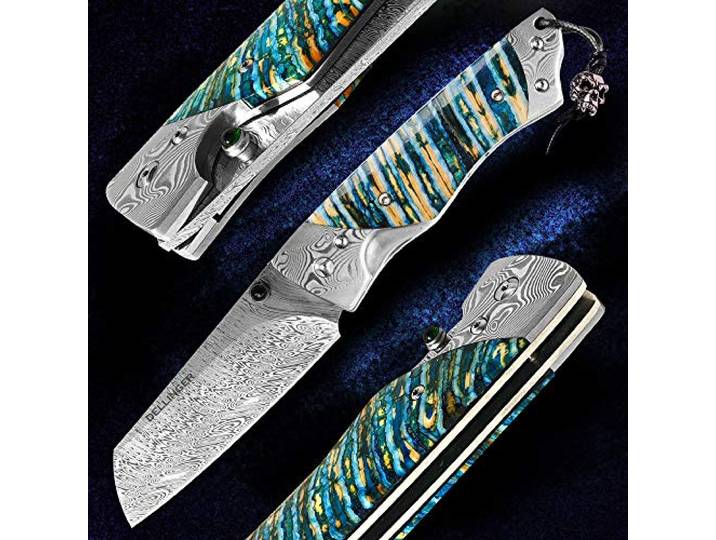 DELLINGER Angriperen RWL34 Damast Taschenmesser & Klappmesser & Damaststahl Messer & Outdoor Damastmesser Folder Knife 8 cm Klinge