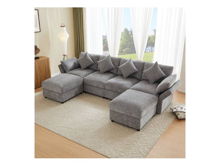 OKWISH Wohnlandschaft 284x86x156,5 cm Cloud‑Design, inkl. 4 Kissen & 2 Kopfstützen, Beiger Modularsitz für flexible Raumgestaltung 1 Teile, U/L‑Chenillesofa mit 2 Hockern & verstellbaren Armlehnen