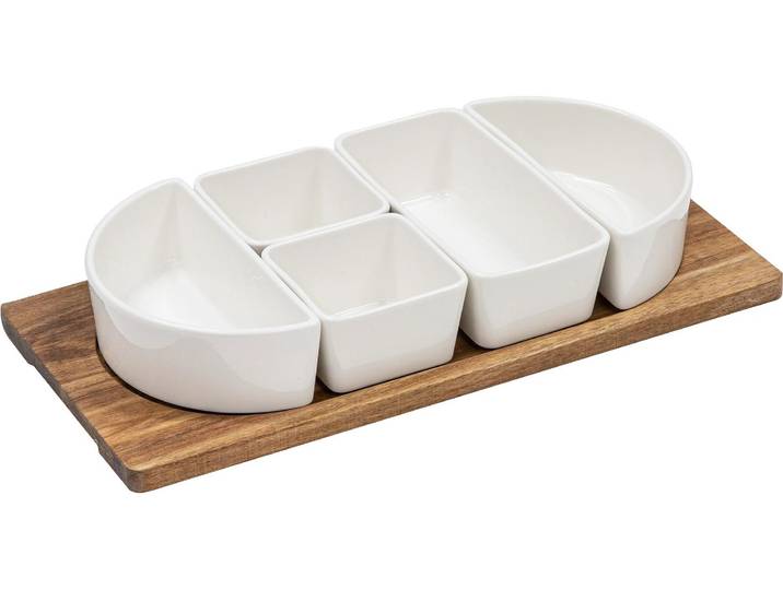Servierplatte LADELLE Alto Serve und Share 6-teilig , weiss (braun, weiß), Akazienholz, Porzellan, Servierplatten, Servierplatte