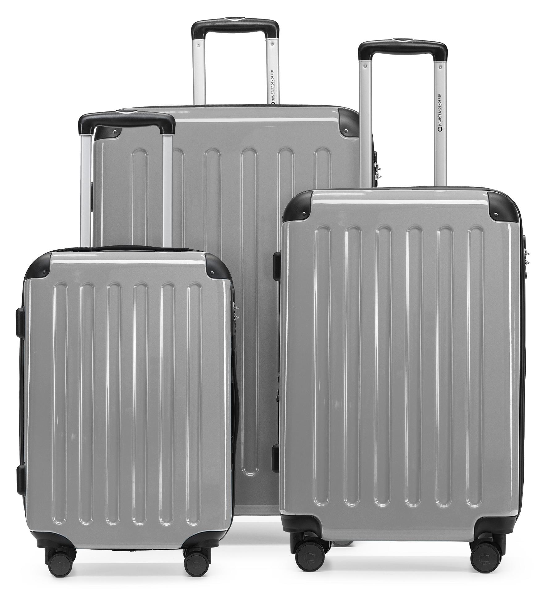 HAUPTSTADTKOFFER - Alex - Koffer-Set 3-teilig, Rollkoffer Trolleys 4 Rollen mit Erweiterung, Handgepäck und Check-In Gepäck für jede Reiseart, TSA,Silber