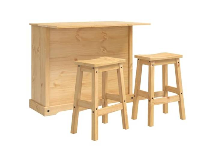 Kücheninsel Set Corona aus massivem Kiefernholz mit 2 Barhockern, rustikale Küchenzeile mit Schubladen, Arbeitsfläche 112 x 70 x 91,5 cm