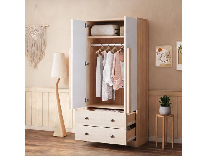 Armoire dressing 2 portes 70x40x170 cm bois naturel et blanc avec penderie et tiroirs style contemporain