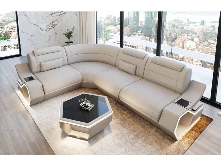 Sofa Dreams Ecksofa Pescara L Form Leder, 4-Sitzer, Echt-/Kunstleder Mix, Beige-Weiß, USB, LED, Ecke links