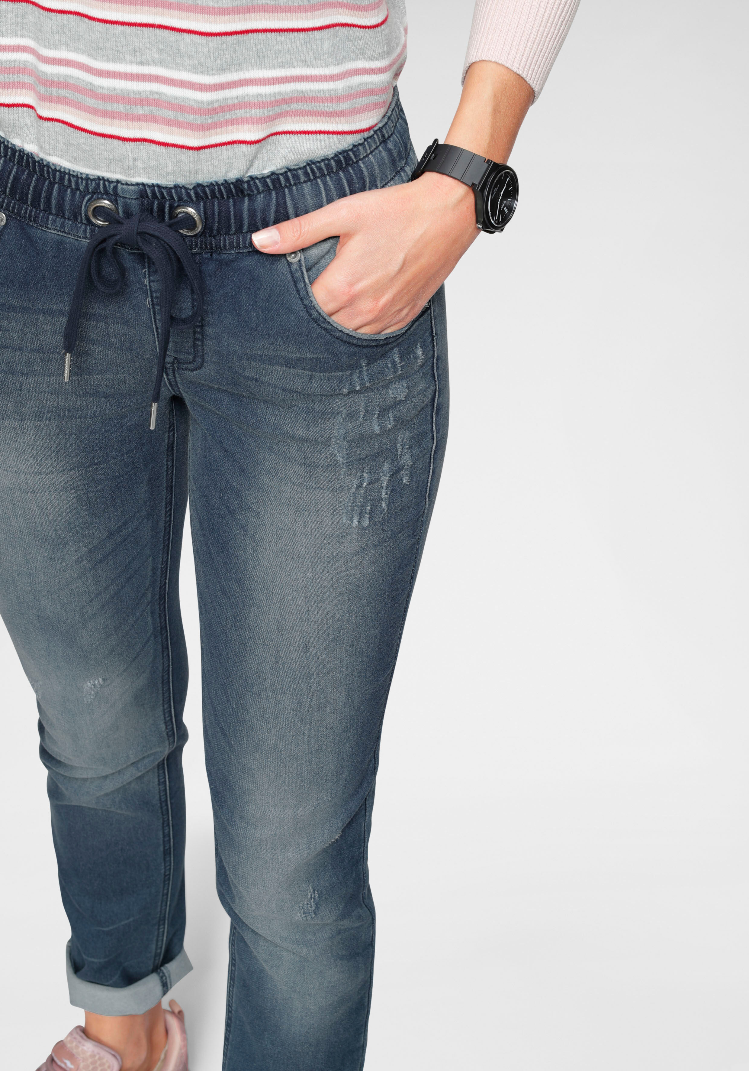 Jogg Pants KANGAROOS, Damen, Gr. 34, N-Gr, blau (blau used), Denim/Jeans, Obermaterial: 59% Baumwolle, 40% Polyester, 1% Elasthan, Destroyed-Effekte, bequem lang, Jeans Jogg Pants, entspannte Passform blau used 34, N-Gr