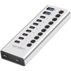 LogiLink USB-Hub UA0448, silber, mit Netzteil, 10 USB 3.0 Ports, Anschluss-Stecker USB-C & USB-A