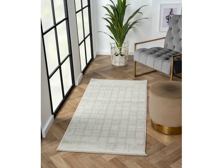 Teppich My Wonder, LAGERRÄUMUNG , beige (creme, hellgrau, weiß), B:80cm H:10mm L:150cm, Polyester, MYFLAIR MÖBEL & ACCESSOIRES, Teppiche, Teppich, Kurzflor, Retro-Style, besonders weich durch Microfaser, mit Fransen