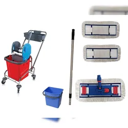 CleanSV® Wischset chrom Laschenmop 40 cm, Ablage + 5 L- Eimer, Reinigungswagen 1 x 18 Liter Eimer, Bodenwischer, Putzwagen