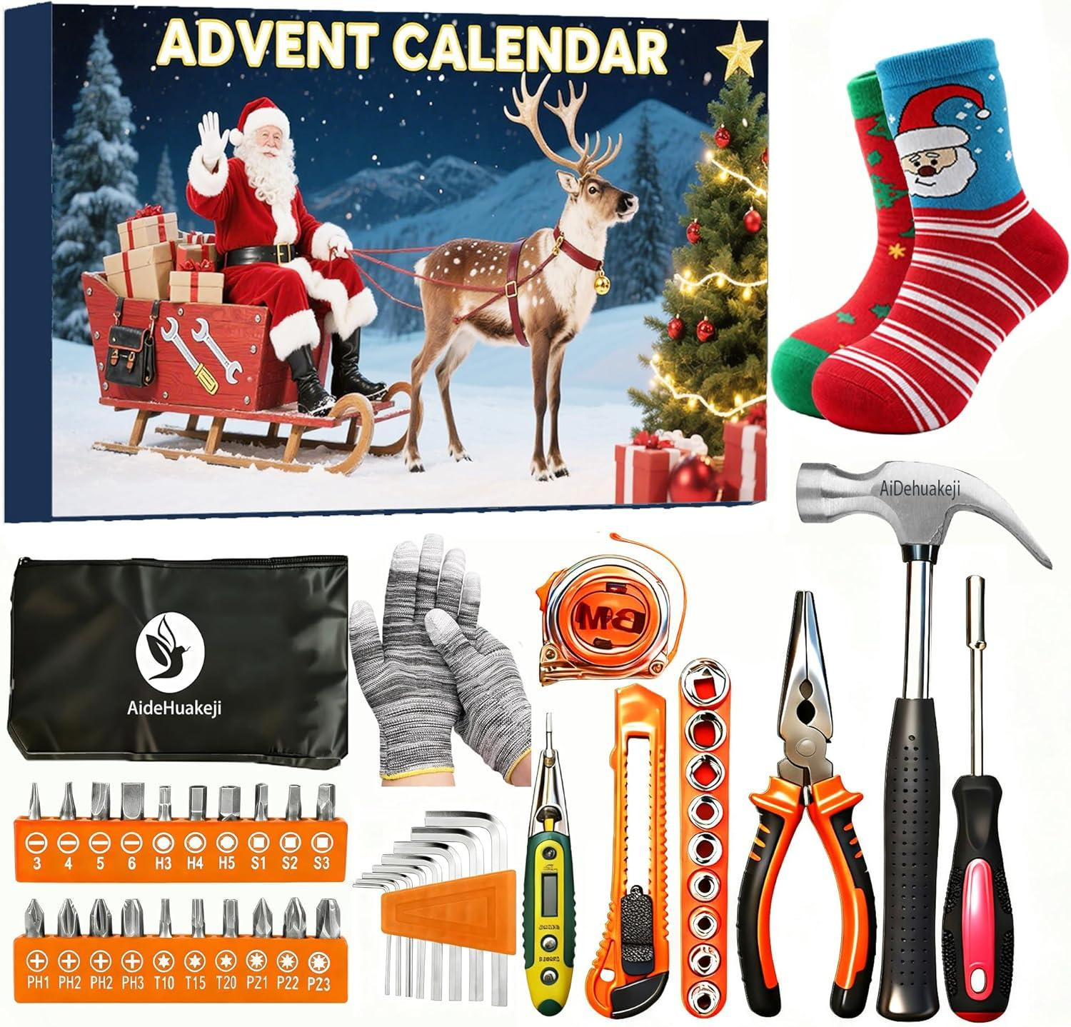 Adventskalender 2025 met 24 dagen aan gereedschap voor klussen, inclusief klauwhamer, naaldtang en rolmaat