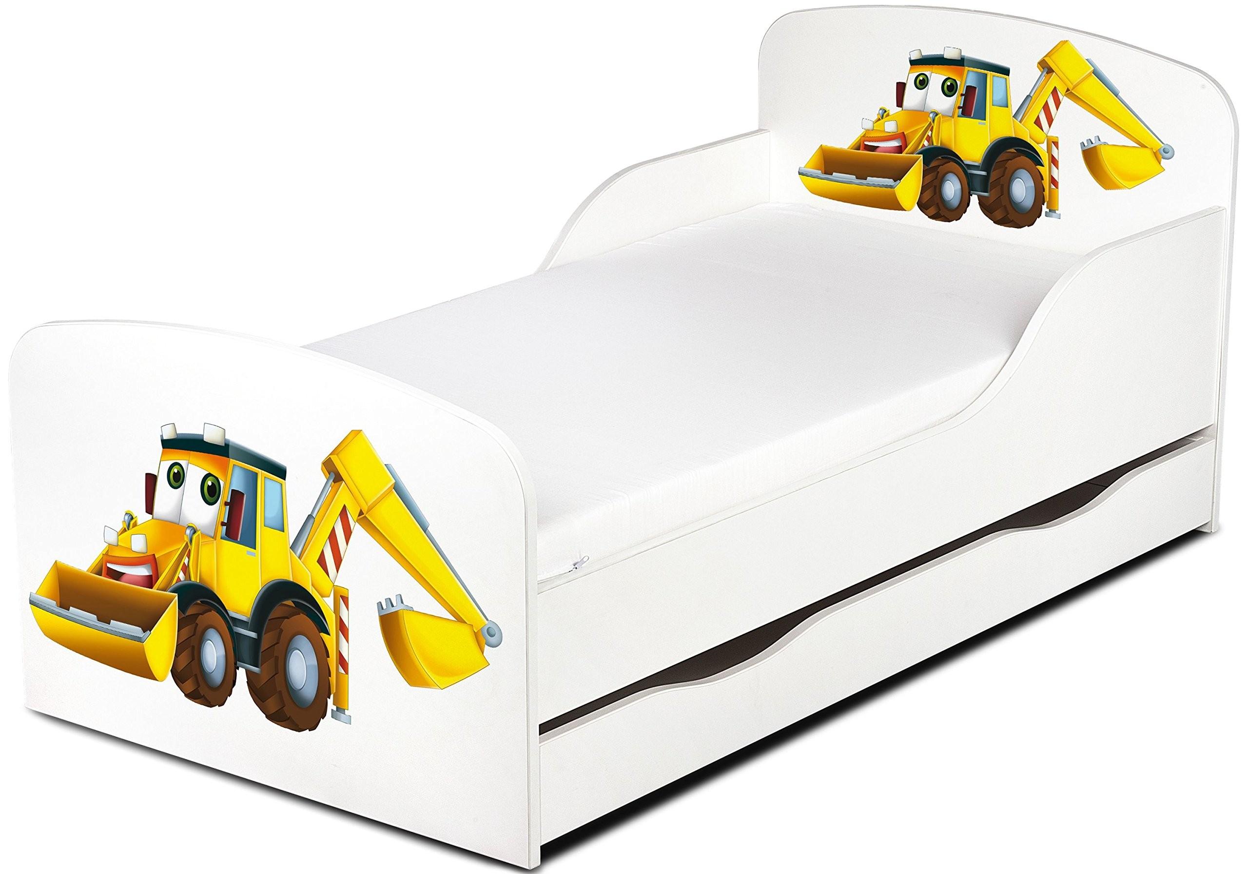 Modernes Weißes Kinderbett mit Schublade und Matratze 140x70cm - UV Druck (Bagger)