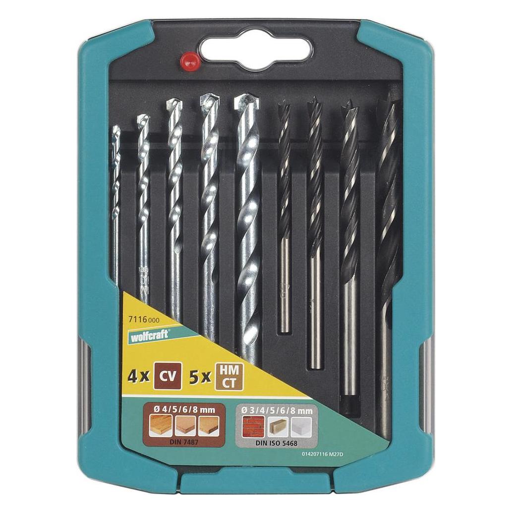wolfcraft 1 Bohrer-Set Metall-Holz-Stein, 9-tlg. (5, 6, 8 mm) (7117000)
