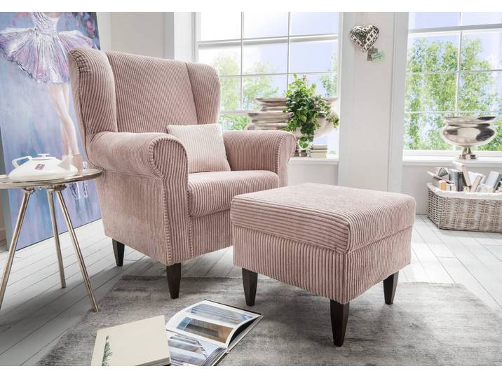 Ohrensessel Edmondo im Landhausstil mit Cordstoff in rosa – Montierte Lieferung – 3%-Vorkasse-Rabatt