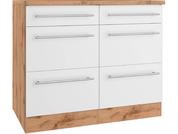 Unterschrank KOCHSTATION KS-Wien , weiß (weiß, wotaneiche), B:100cm H:85cm T:60cm, Schränke, Unterschrank, edel aussehende gestiftete Fronten