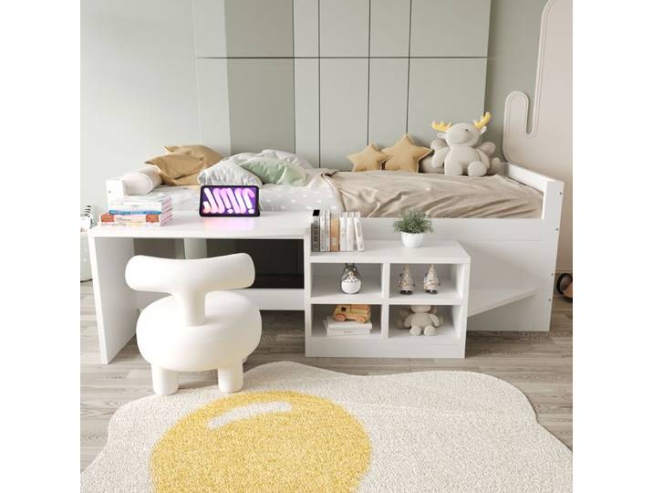 Structure de Lit Enfant avec Bureau et Rangement - Lit Combiné en Bois Blanc avec Étagères - Cadre Robuste - 90x200cm