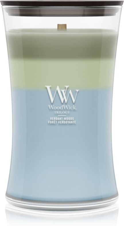Woodwick Trilogy Verdant Woods bougie parfumée avec mèche en bois 610 g