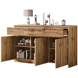OKWISH Sideboard Holz, Lowboard Wohnzimmer Esszimmer Küche, 3 Schubladen, 3 Türen, höhenverstellbare Regale, Kippsicherung, 135x40x80cm, Holzfarbe