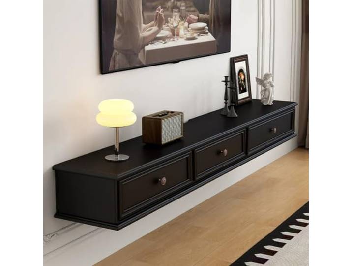 Schwebender TV-Ständer,Wandmontierte Medienkonsole for 40-95-Zoll-Fernseher Modernes Holz, herunterklappbare Tür und Schubladen, Kabelmanagement, 200-Pfund-Kapazität, runde Ecke(Black,160CM/63IN)