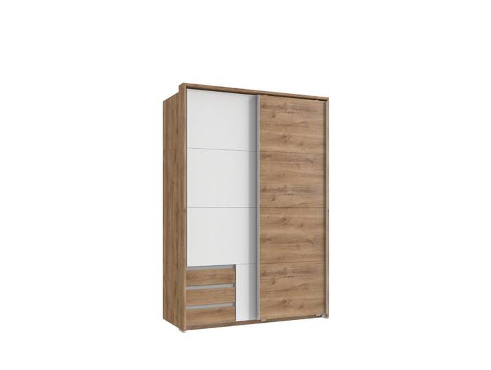 SCHWEBETÜRENSCHRANK 2-türig B138/H200/T65 cm, Passepartout-Kleiderschrank mit sichtbaren Schubkästen in Eiche Dekor, 1x Tür in Weiß / 22670