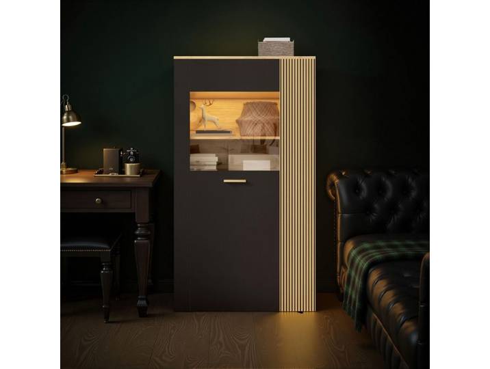 Vitrine - Novélys - 80x146cm - avec Éclairage LED & Rangement - Meuble de Salon Style Industriel - Bois & Noir