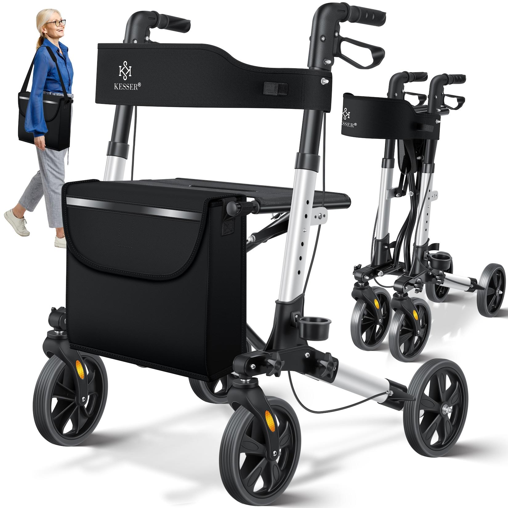 KESSER® Leichtgewicht Rollator faltbar mit Sitz, Griff, Tasche, schmal für Senioren Wohnung, Klappbar, Höhenverstellbar, Reflektoren All Gelände Reifen Indoor-& Outdoor, Gehhilfe, Laufhilfe