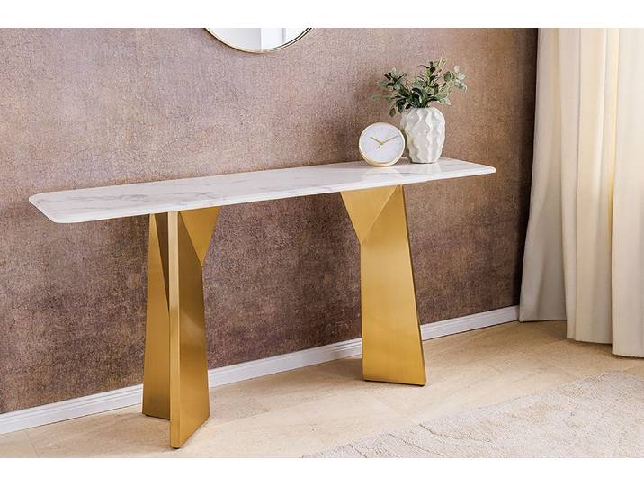 riess-ambiente Konsolentisch EXTRAVAGANCIA 140cm weiß Marmor – Metall-Gestell in gold brushed (Einzelartikel, 1-St), luxuriöses Design für Flur, Schlafzimmer & Wohnzimmer, Statement Piece