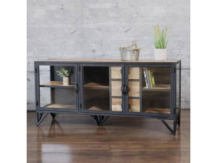 Lowboard Metall schwarz Glas BARBAR Industrial Style Kommode TV-Board