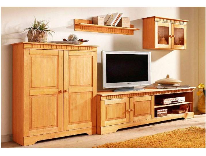 Wohnwand GOODPRODUCT, beige (natur gebeizt, gewachst), B:248cm, Kastenmöbel-Sets, Wohnwand, besteht aus 1 Hängevitrine, 1 Lowboard und 1 Midischrank