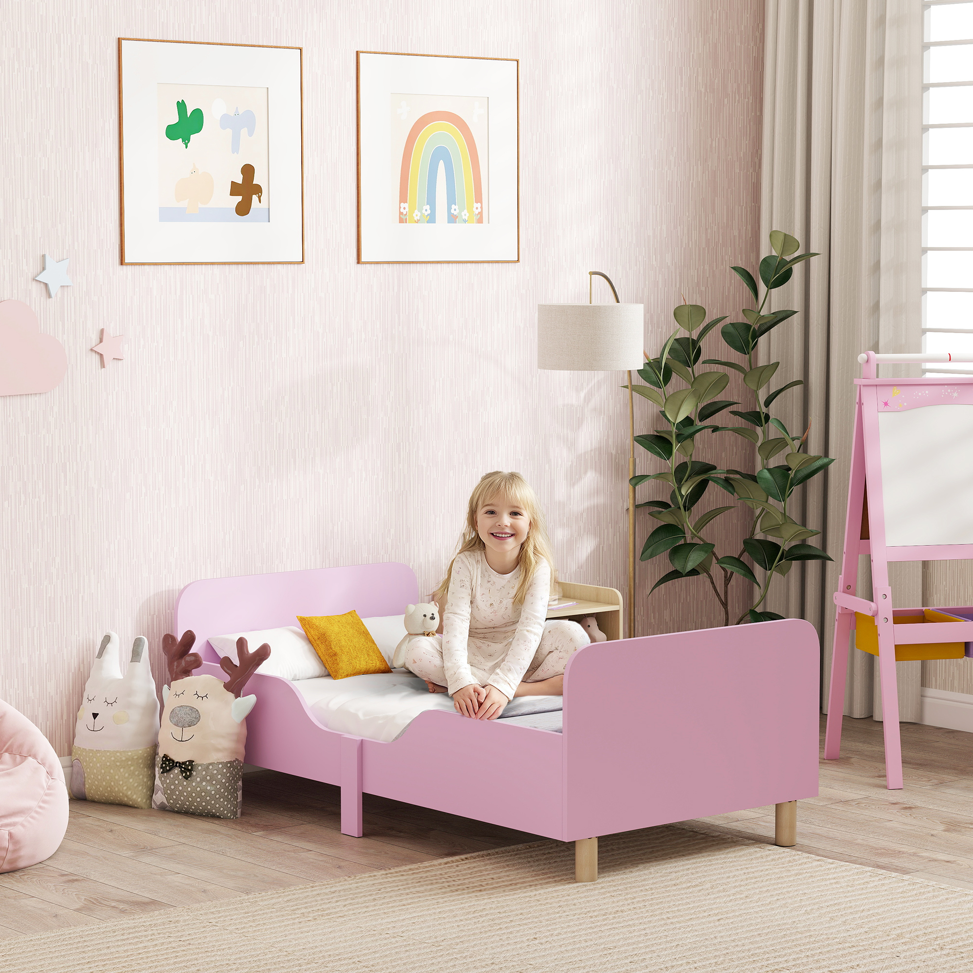 Aiyaplay Struttura del Lettino per Bambini, Telaio del Letto Singolo per Bambini, Protezione dai Bordi, Lettino per Piccole Stanze, MDF, Senza Materasso, Rosa   Aosom Italy