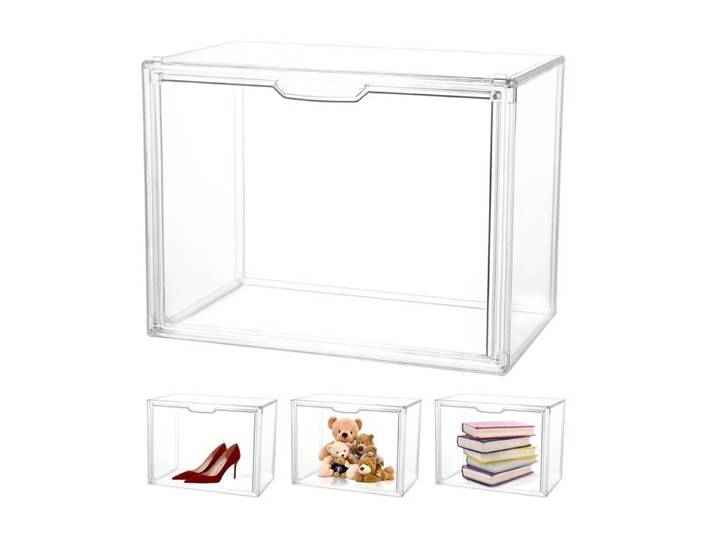 Vitrine acrylique empilable 36 x 27 x 23 cm - boîte transparente anti-poussière à porte magnétique pour exposition et rangement