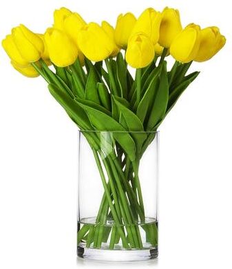 Enova Home 20 Pieces Artificial Real Touch Tulips Fake Silk Flowers Arrangement in Glass Vase with Faux Water for Home Decor