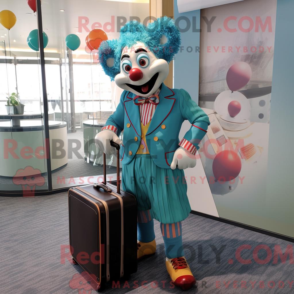Maskottchen REDBROKOLY eines blaugrünen Clowns mit Shorts und Aktentasche
