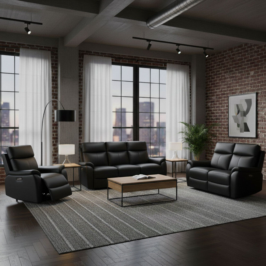 Ophelia & Co. Windsor Powerglide 3 + 2 + 1 Real Leather Power Recliner Sofa Suite Black 3