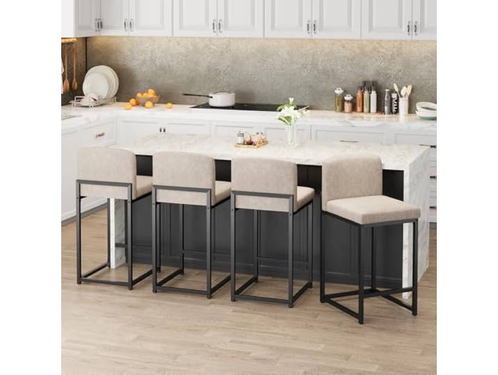 IDEALHOUSE 2er-Set Barhocker mit Rückenlehne & Fußstütze – 63 cm hohe Thekenhocker aus Kunstleder, Robustes Metallgestell für Kücheninsel, Esszimmer & Bar – Cremefarben