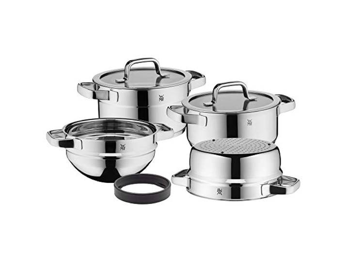 WMF Compact Cuisine Topfset Induktion 4-teilig, Kochtopf Set mit Glasdeckel, Cromargan Edelstahl poliert, Töpfe Set unbeschichtet, Innenskalierung