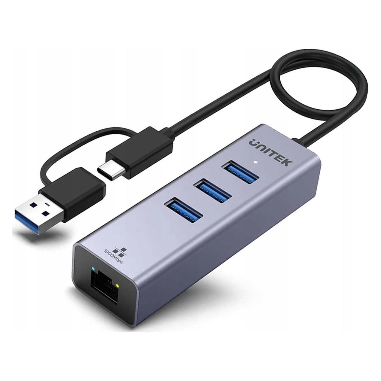 Unitek HUB USB Hub USB C 4w1 Ethernet 3 x USB A 5 Gbps z adapterem USB A (USB-C, 4 Ports) (Y-3088B)