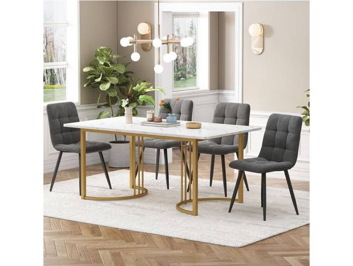 Ensemble Repas 5 Pieces MDF Velours Set Table Chaises Moderne FloraGrace Pour Cuisine Pieds Reglables 140x80x75cm