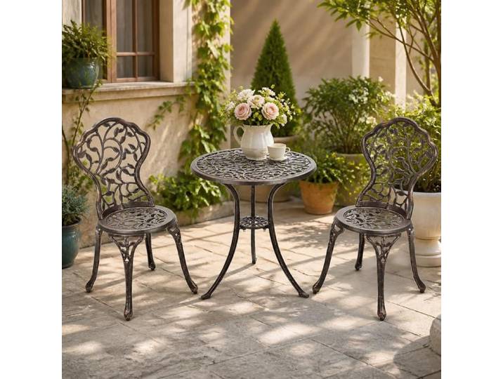 Ensemble bistro 3 pièces - PAGE LIVING - Fonte alu - Cuivre antique - Ø60 cm - 2 chaises ergonomiques